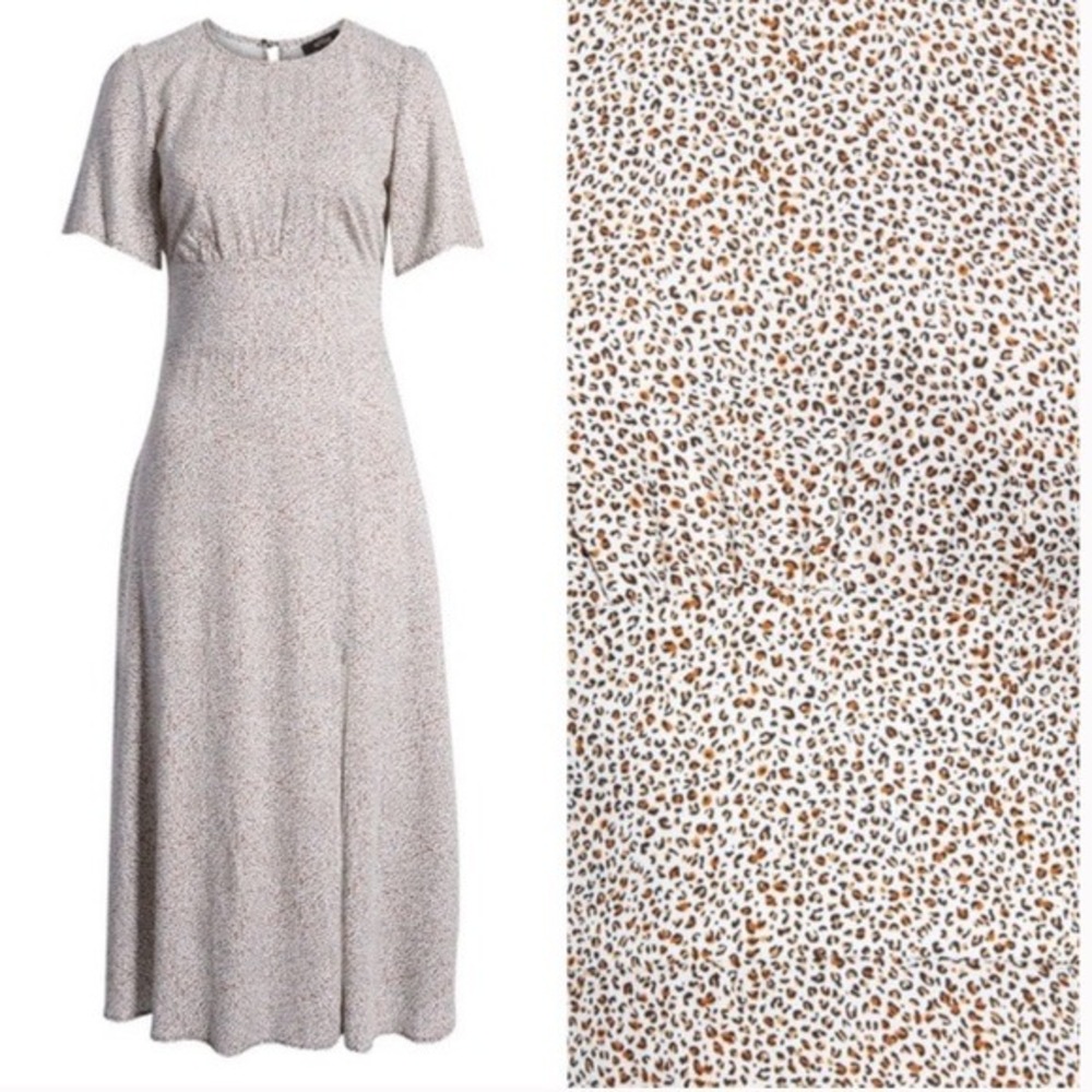AFRM Janice Leopard Print Midi Dress Brown Cream Smocked Waist Size M